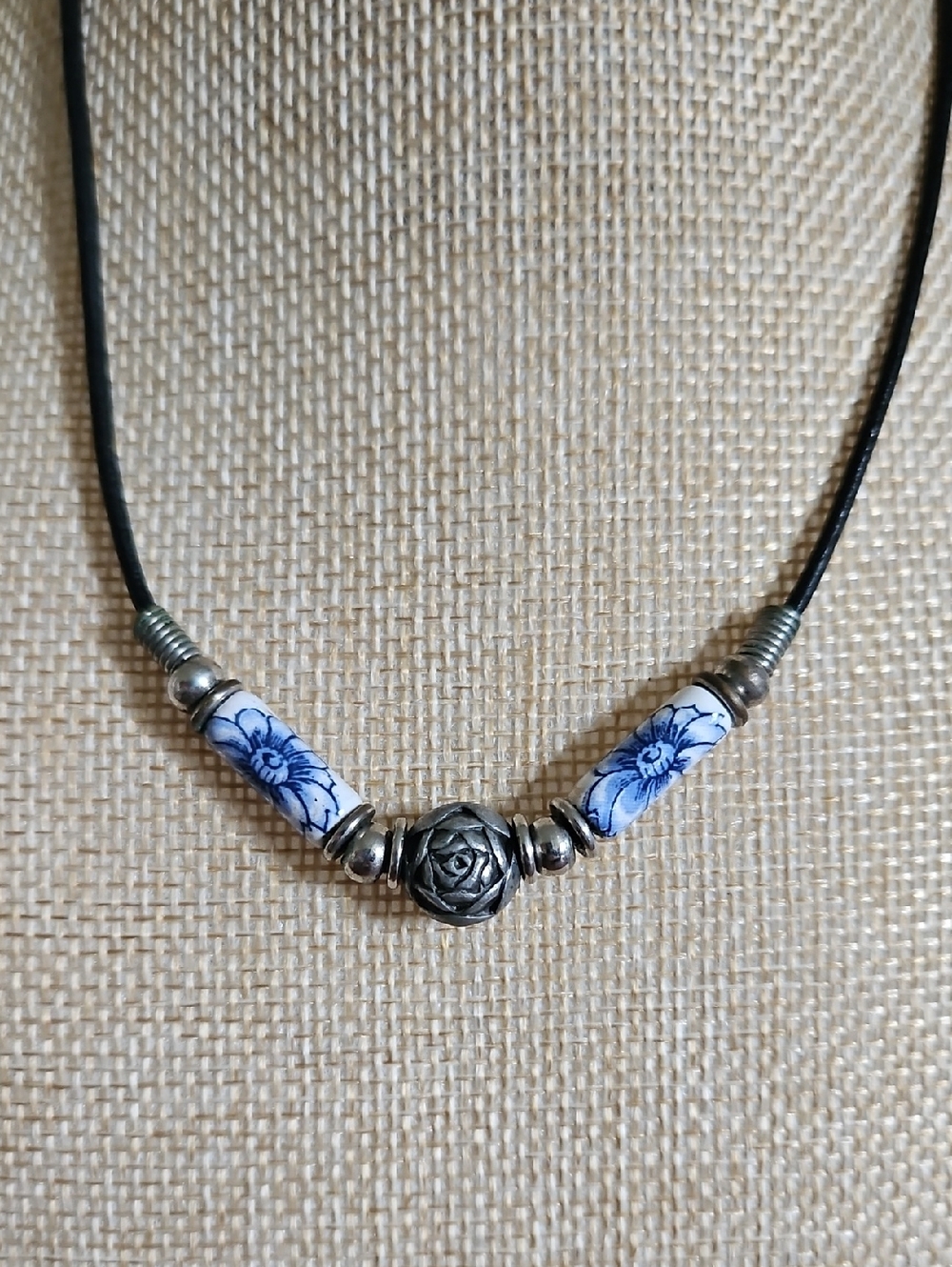 Blue Floral Ceramic Bead Necklace with Silver Accents